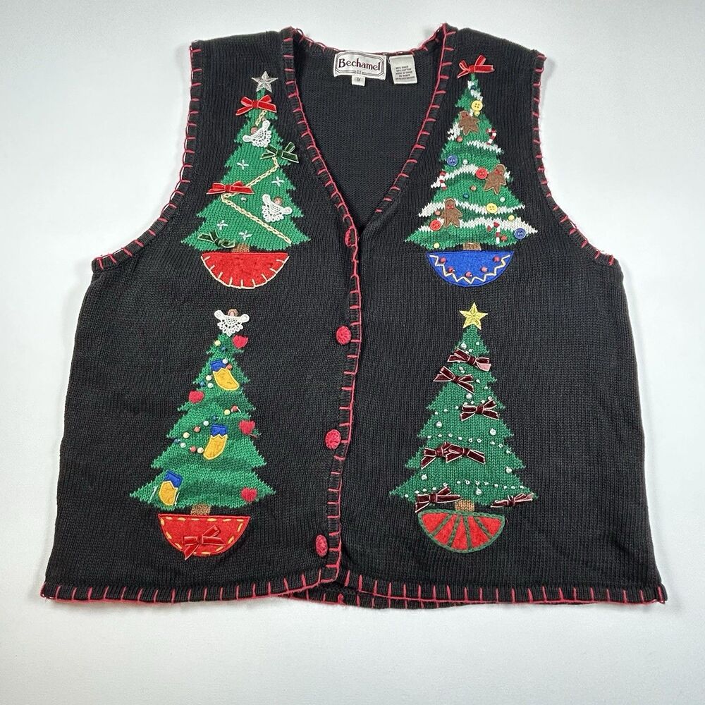 Bechamel Vintage 90s Christmas Tree Sweater Vest 1X Black Ugly Sweater Holiday